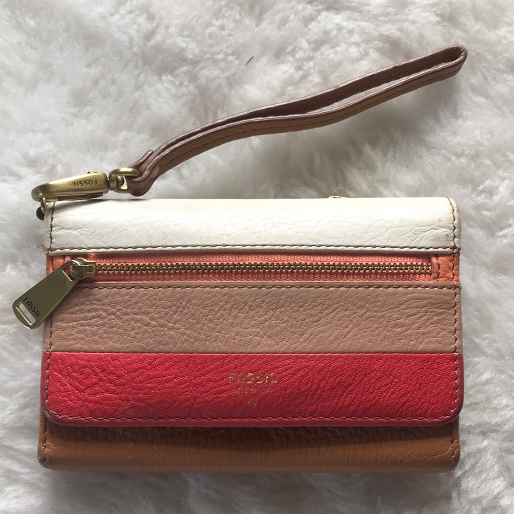 Fossil Color Block Tan Red Trifold Wallet Clutch - image 1